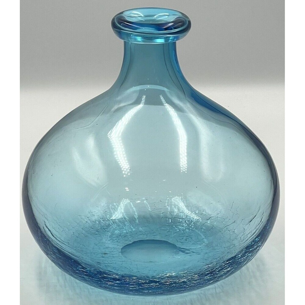Aqua Balloon Vase Crackle Glass Hand Blown Electric Blue Royal Cobalt Bottle 9"